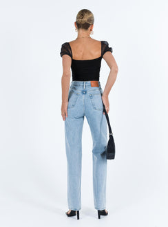 back view of model wearing Princess Polly Dostan Bodysuit Black Short Sleeves 