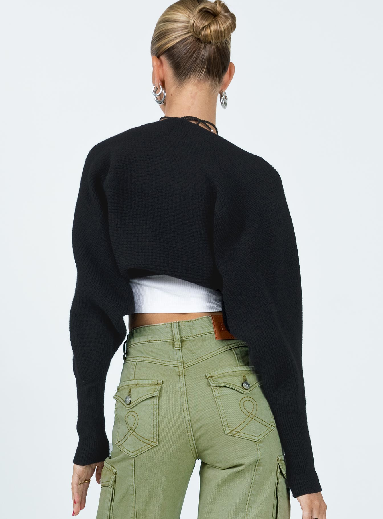 back view of model wearing Princess Polly Aviana Cardigan Black cropped 