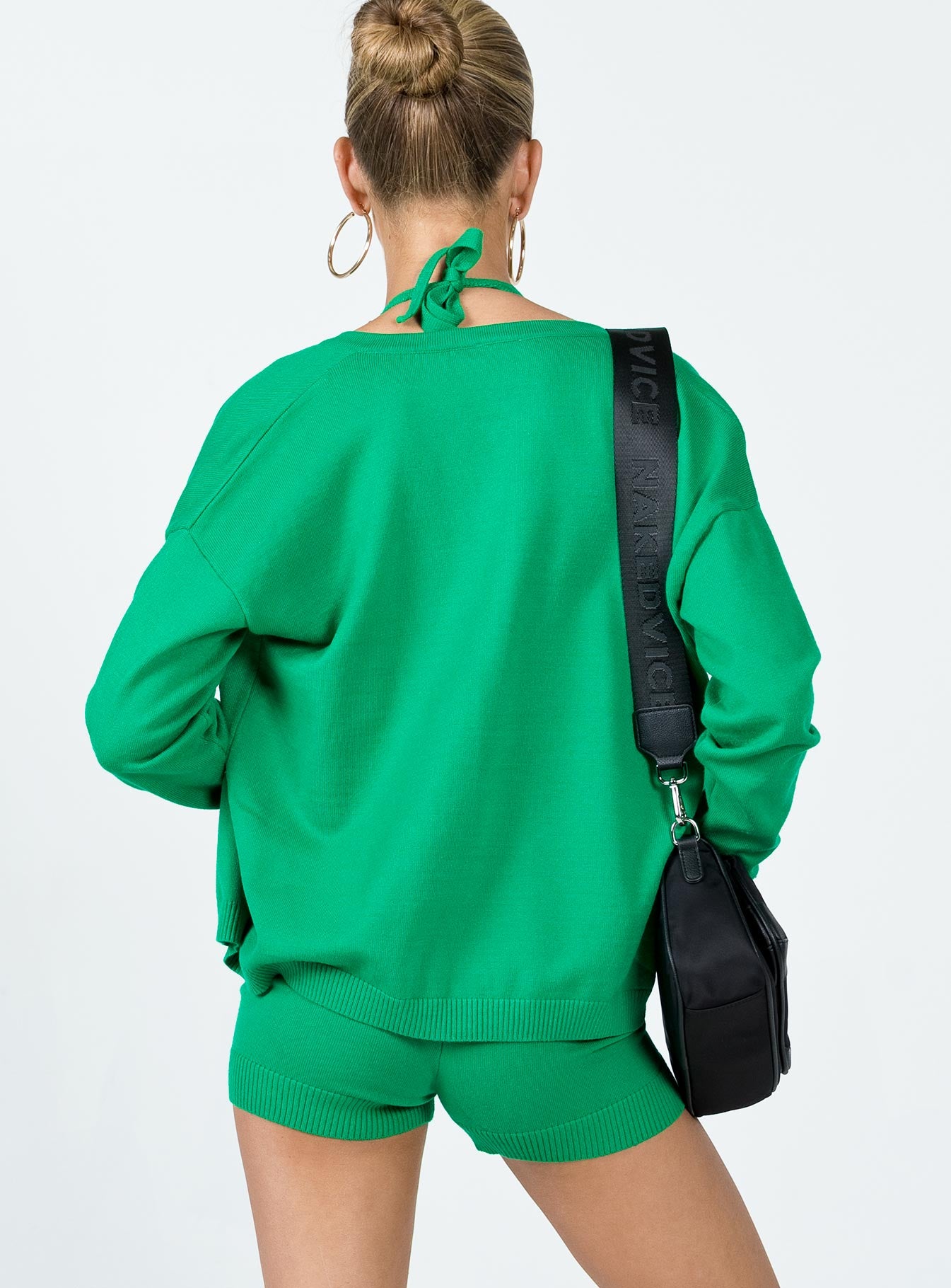 Three piece set Knit material  Cardigan  Button front fastening  Halter neck crop top  High waisted short  Elasticated waistband 