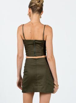 Matching set Corset top Adjustable shoulder straps Hook & eye fastening at front Boning throughout Zip fastening at back Curved hem Mini skirt Invisible zip fastening at back