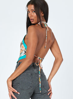 back view of model wearing Princess Polly Brea Top Blue Multi 