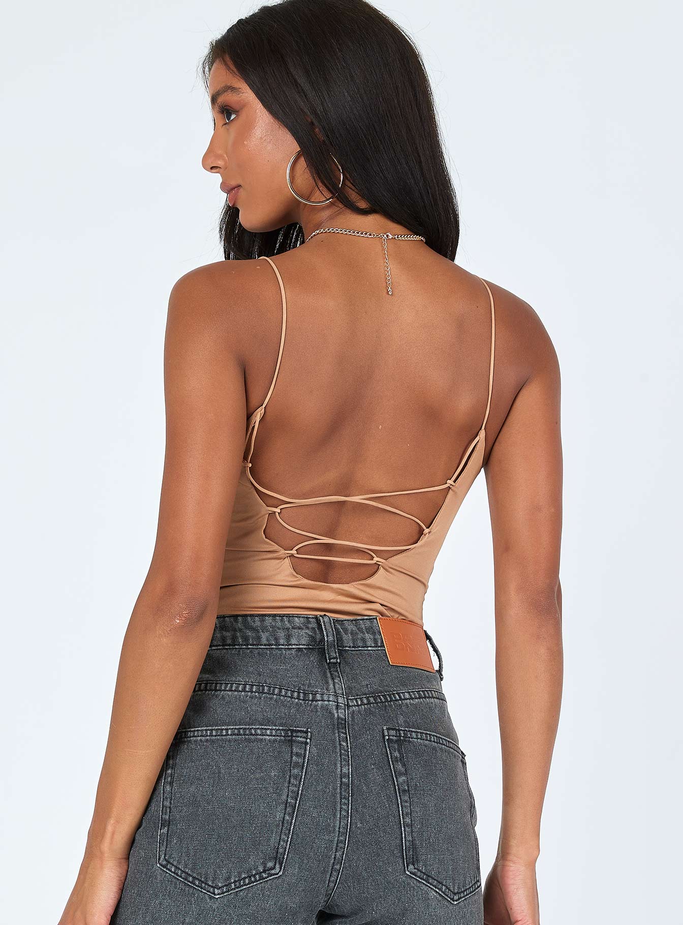 back view of model wearing Princess Polly Tonia Bodysuit Brown Sleeveless V-Neck 