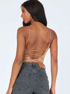 back view of model wearing Princess Polly Tonia Bodysuit Brown Sleeveless V-Neck 