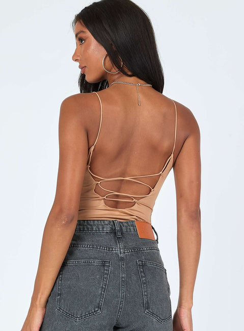 back view of model wearing Princess Polly Tonia Bodysuit Brown Sleeveless V-Neck 