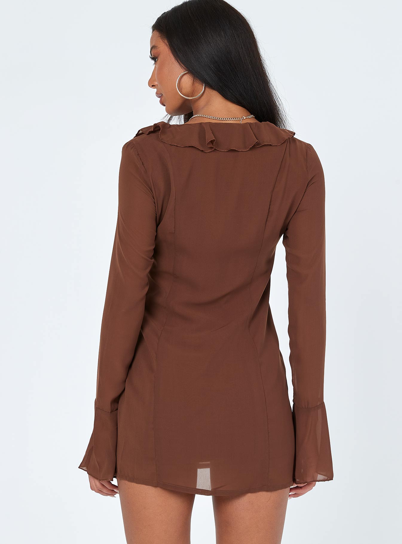 back view of model wearing Princess Polly Theo Mini Dress Brown 