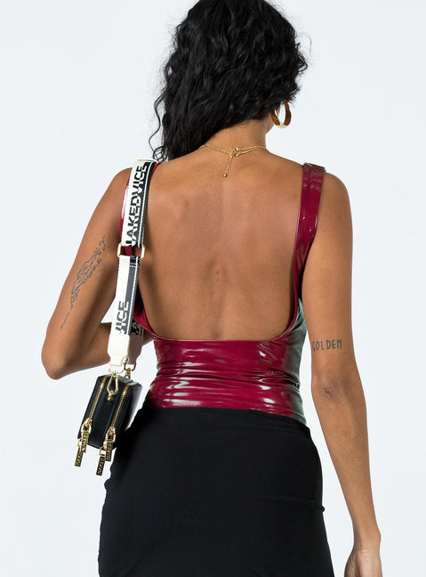 back view of model wearing Princess Polly Alderly Faux Leather Bodysuit Maroon Sleeveless Scoop Neck 