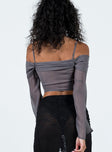 Long sleeve top Sheer material Adjustable straps Off the shoulder sleeves Folded neckline Invisible zip fastening at side