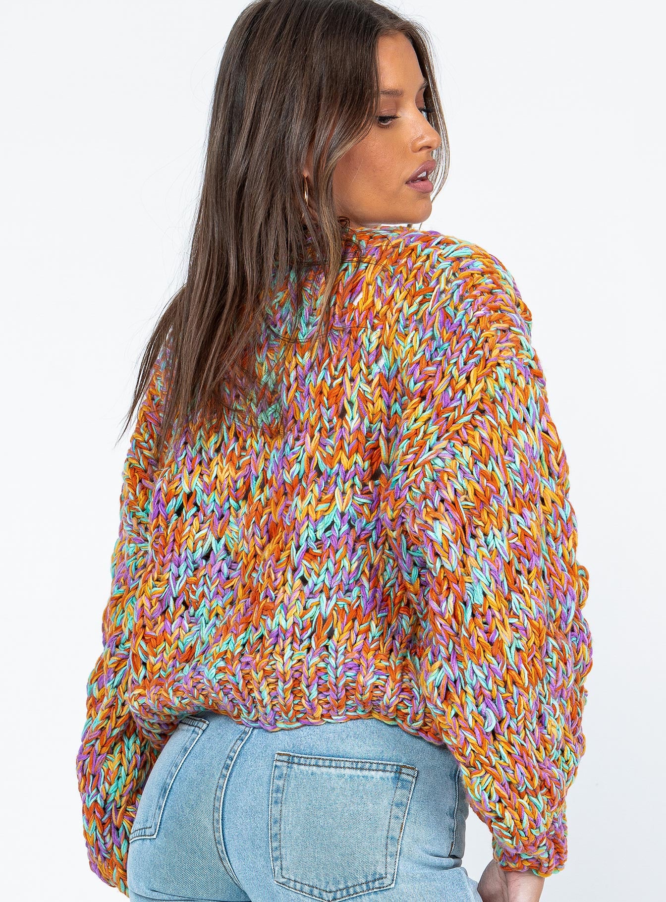 back view of model wearing Princess Polly Candy Cardigan Multi Cropped 