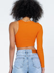 back view of model wearing Princess Polly Harlow Long Sleeve Top Orange 