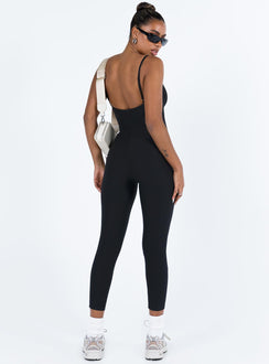 Black jumpsuit Ribbed material Scooped neckline Adjustable shoulder straps Good stretch Unlined 