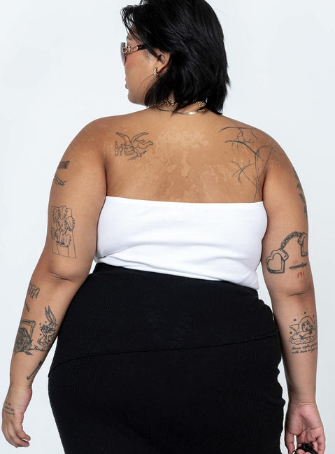 back view of model wearing Princess Polly Aston Strapless Bodysuit White Curve Sleeveless Sweetheart 