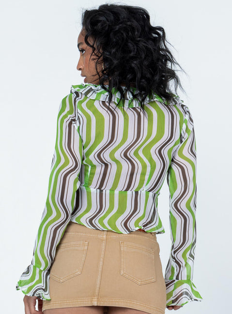 back view of model wearing Princess Polly Colby Long Sleeve Top Multi Full Sleeves Plunger 