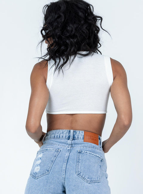 back view of model wearing Princess Polly Monterey Top White Sleeveless Crew Neck 