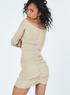 back view of model wearing Princess Polly Avanti Long Sleeve Mini Dress Beige 
