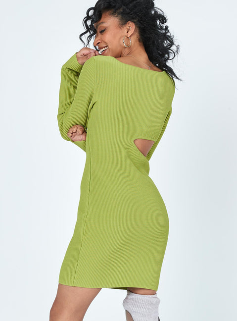 back view of model wearing Princess Polly Giana Long Sleeve Mini Dress Green 