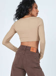 back view of model wearing Princess Polly Suri Long Sleeve Top Beige 