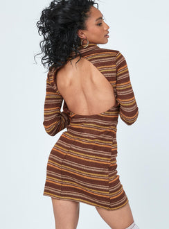 back view of model wearing Princess Polly Dalton Long Sleeve Mini Dress Brown Multi 