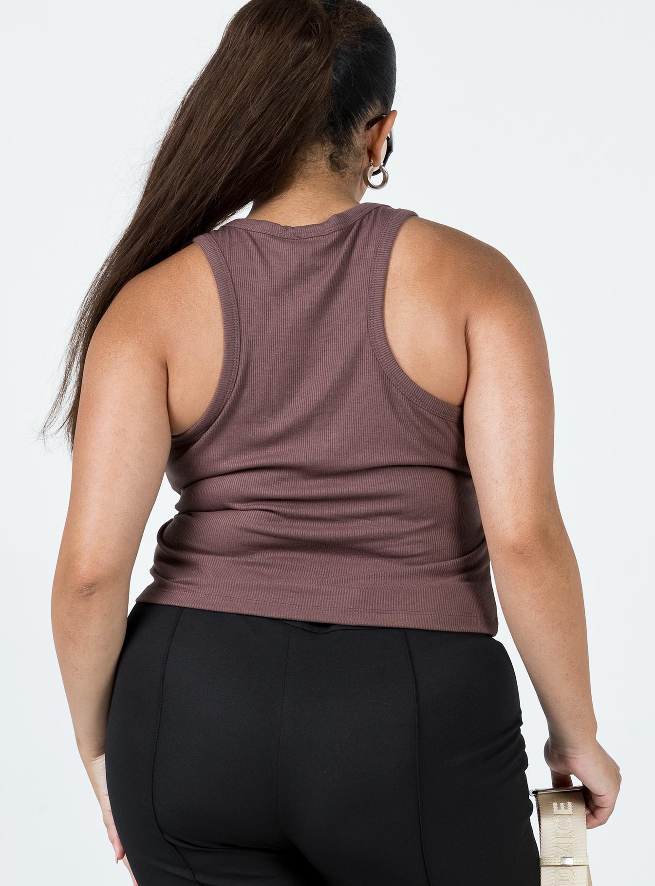 back view of model wearing Princess Polly Play The Game Tank Top Brown Curve Sleeveless Crew Neck 