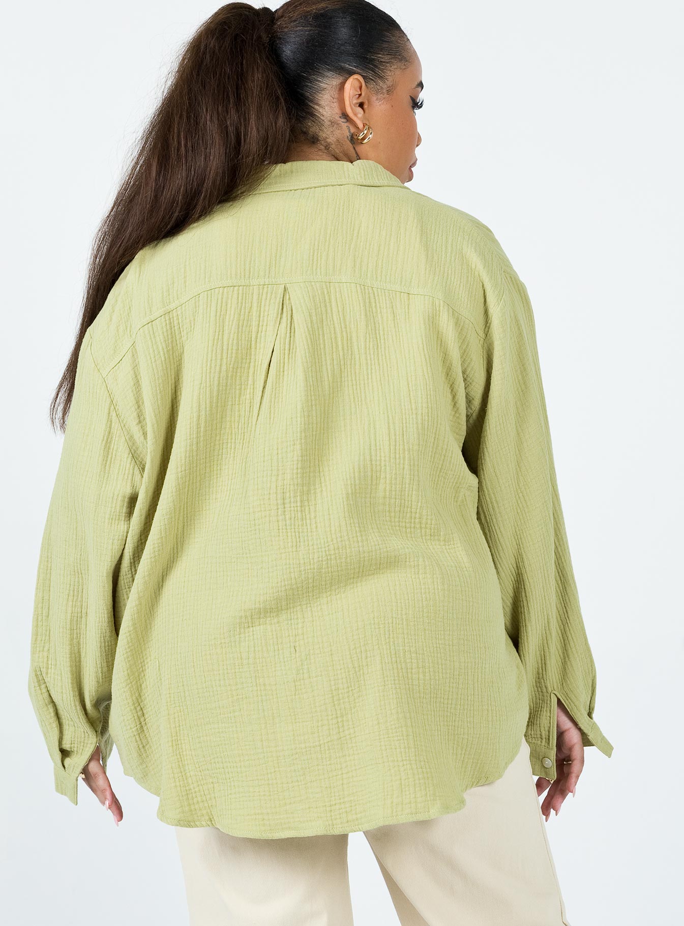 back view of model wearing Princess Polly Mahalia Shirt Green Curve 