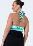 back view of model wearing Princess Polly Briana Bodysuit Green Multi Sleeveless Plunger 