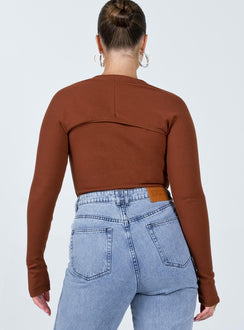 back view of model wearing Princess Polly Bray Bolero Tank Bodysuit Brown Sleeveless Crew Neck 