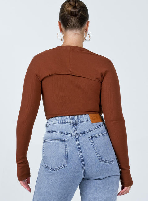 back view of model wearing Princess Polly Bray Bolero Tank Bodysuit Brown Sleeveless Crew Neck 