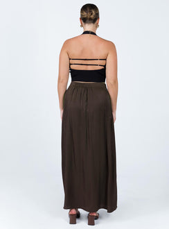 back view of model wearing Princess Polly Baldwin Maxi Skirt Brown 