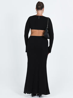 Blacking matching set Long sleeve crop top Cowl neckline Maxi skirt Low rise Thin elasticated waistband Good stretch Partially lined