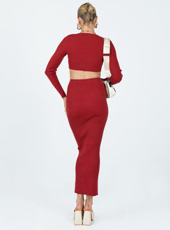 Matching set Ribbed knit material Long sleeve top V-neckline Single button fastening at front Maxi skirt Elasticated waistband