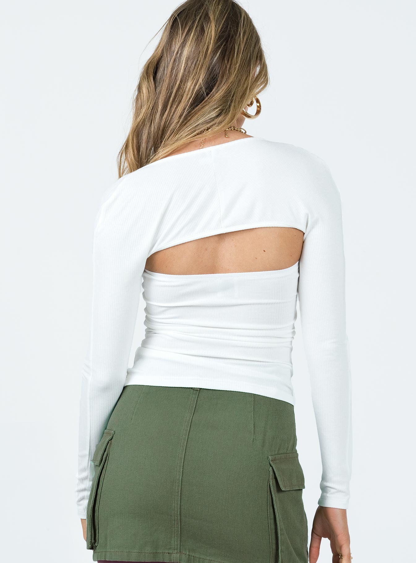 Front view of model wearing  front Princess Polly Full Sleeves Square Neck  Armstrong Long Sleeve Bolero Top White