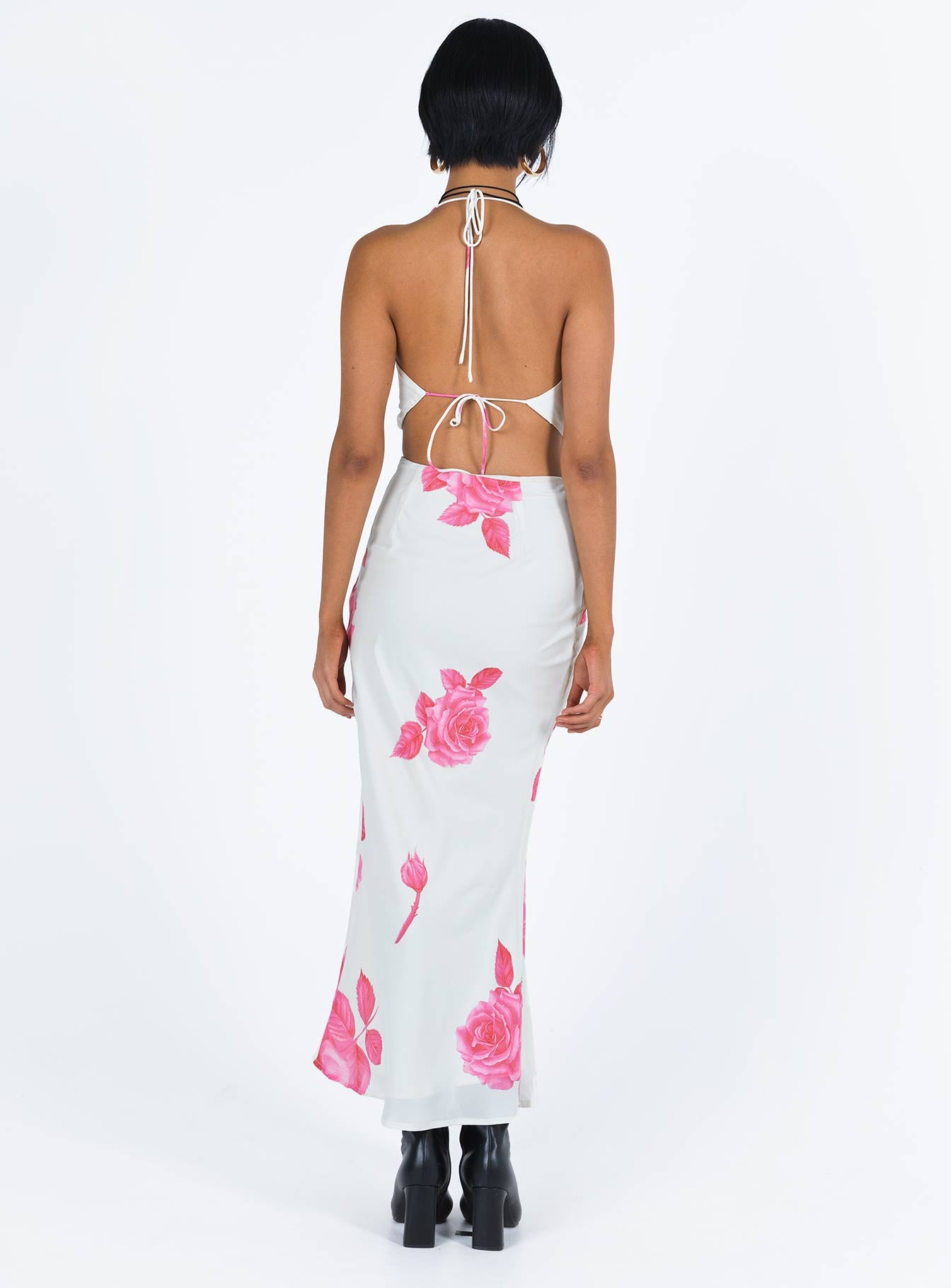 Two piece set Halter top Cowl neck Open back Tie fastening at neck and back Maxi skirt Invisible zip fastening at side