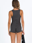 Grey romper Ribbed material Scooped neckline Invisible zip fastening at back Good stretch Unlined 