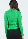 Long sleeve top Silky material Plisse design Twist at bust Classic collar V-neckline Open front