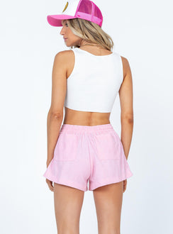 Shorts Mid rise fit Elasticated waistband Internal waist tie fastening Twin hip pockets Small splits at sides Relaxed through leg