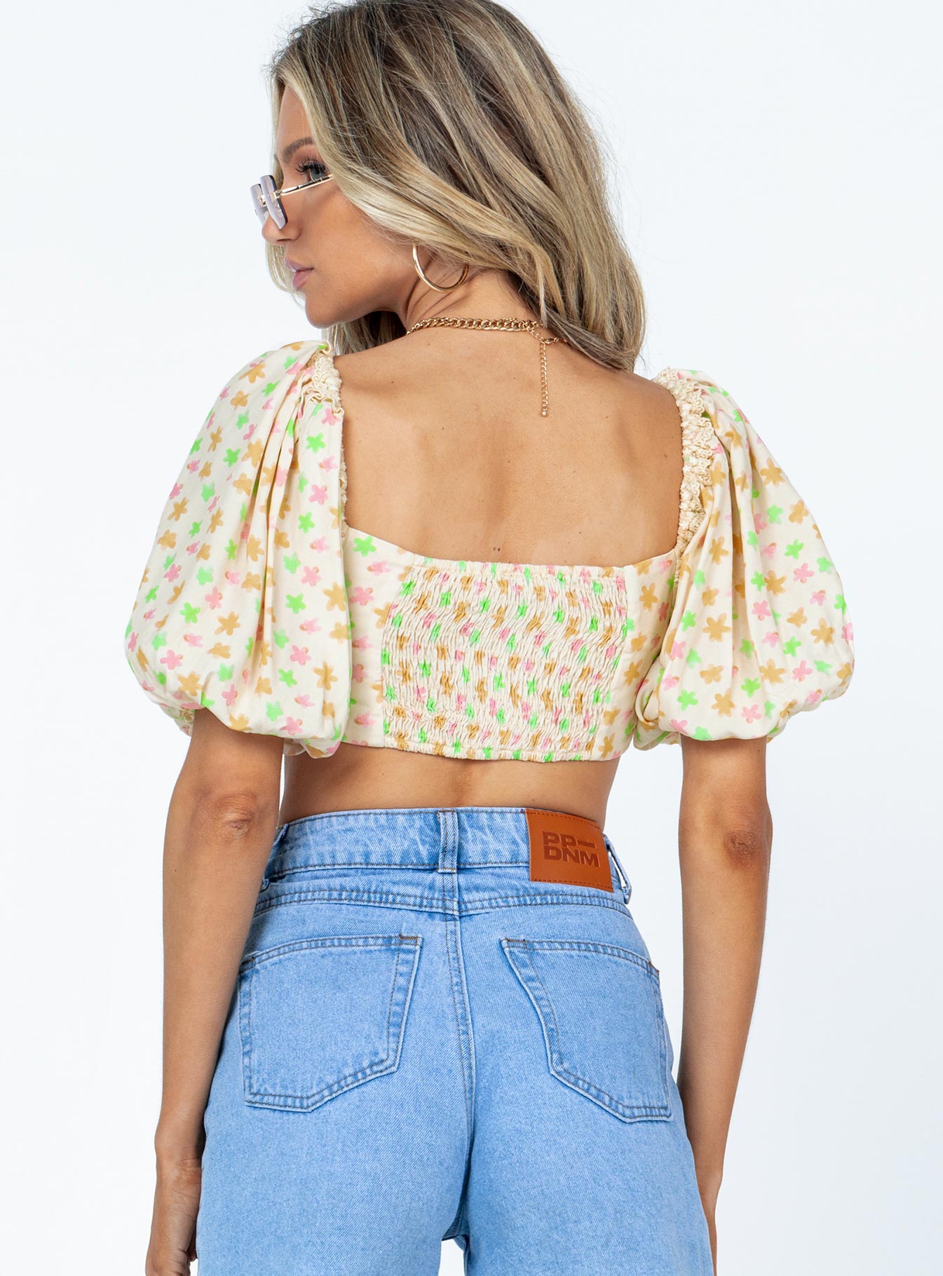 back view of model wearing Princess Polly Amalie Top Floral Multi Half Sleeves 