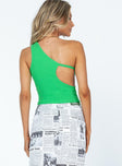 back view of model wearing Princess Polly Aletta Top Green Sleeveless Asymmetric Neckline 