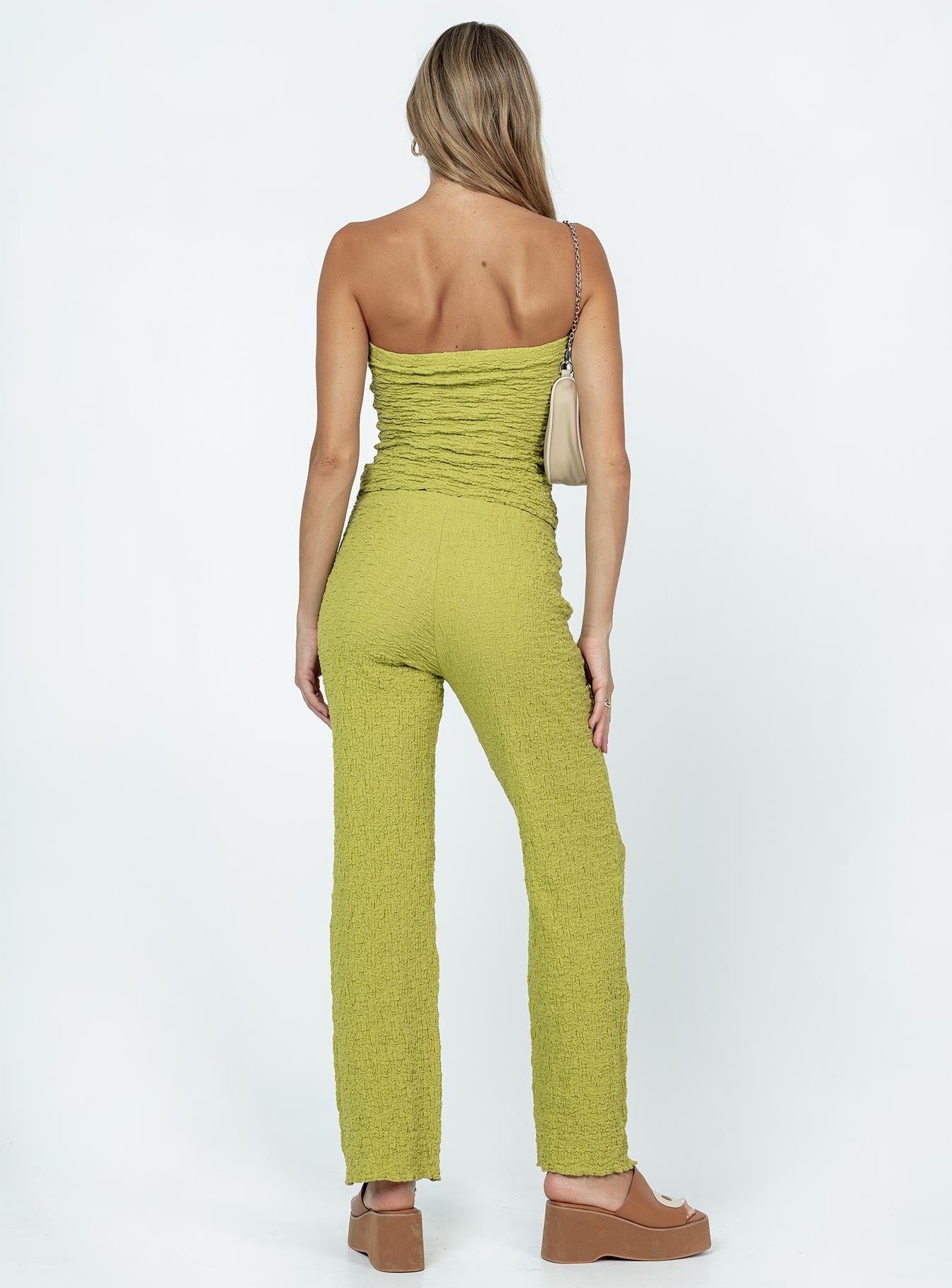 Green matching set Textured material Strapless top Elasticated band at bust Pants Straight leg Elasticated waistband