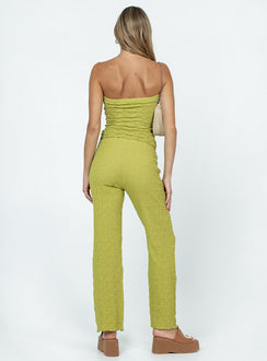Green matching set Textured material Strapless top Elasticated band at bust Pants Straight leg Elasticated waistband