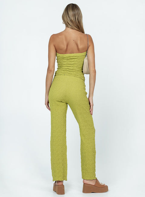 Green matching set Textured material Strapless top Elasticated band at bust Pants Straight leg Elasticated waistband