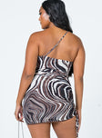 back view of model wearing Princess Polly Genevieve Mini Dress Brown Multi 