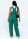 Green overalls Contrast stitching Adjustable shoulder straps  Large chest pocket  Four classic pockets  Button fastening at hips  Wide leg