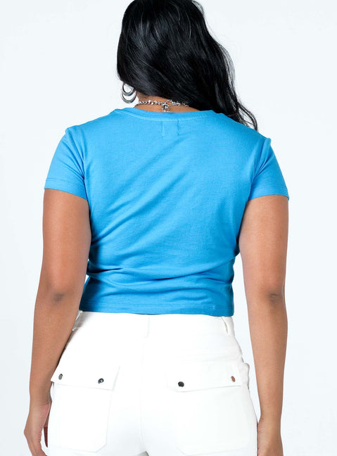 back view of model wearing Princess Polly Vacay Mode Tee Blue Short Sleeves Crew Neck 