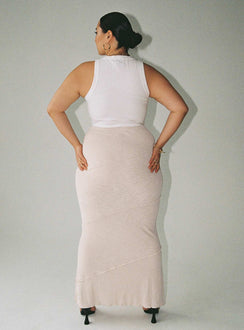 back view of model wearing Princess Polly Oscar Maxi Skirt Beige Curve Maxi 