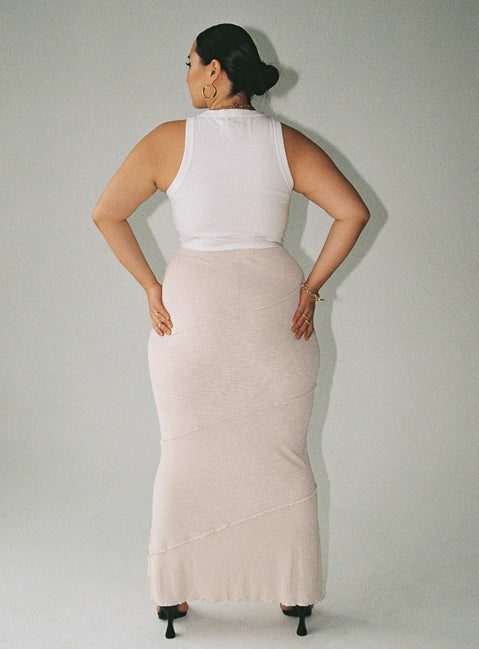 back view of model wearing Princess Polly Oscar Maxi Skirt Beige Curve Maxi 