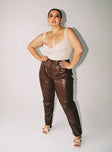 side view of model wearing Princess Polly Love Club Pants Brown Curve 