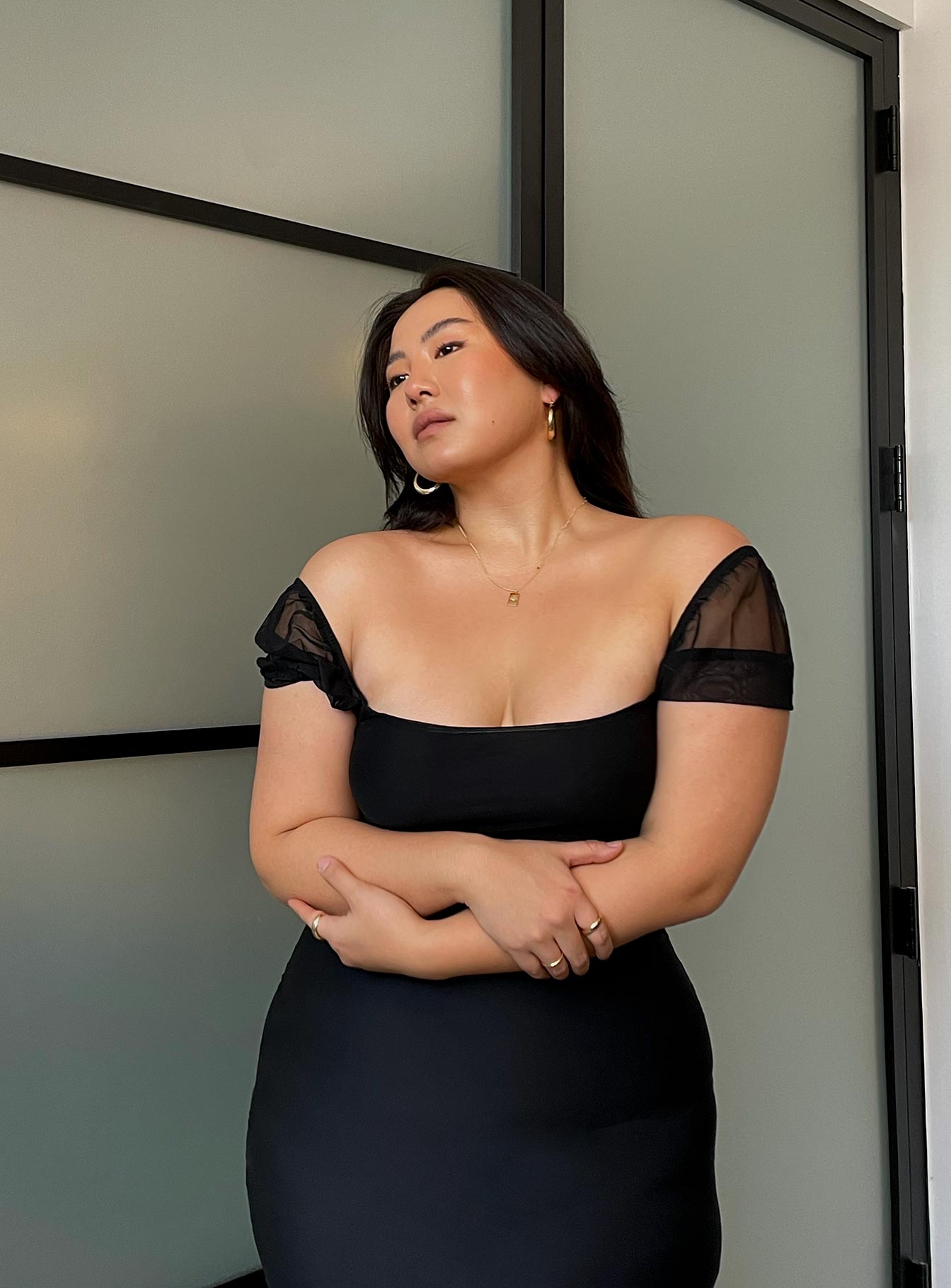 front view of model wearing Princess Polly Charvi Mini Dress Black Curve 