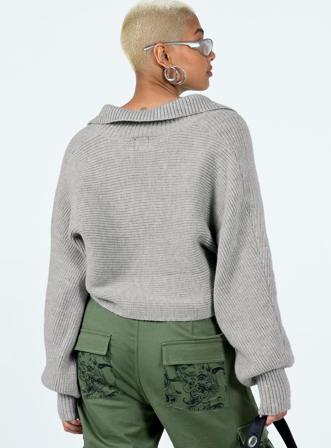 back view of model wearing Princess Polly Tiara Cropped Sweater Grey Cropped 
