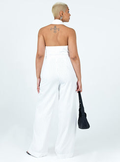 White matching set Pinstripe print Vest top Halter neck Hook & eye fastening at front Tailored pants Invisible zip fastening at side Wide leg