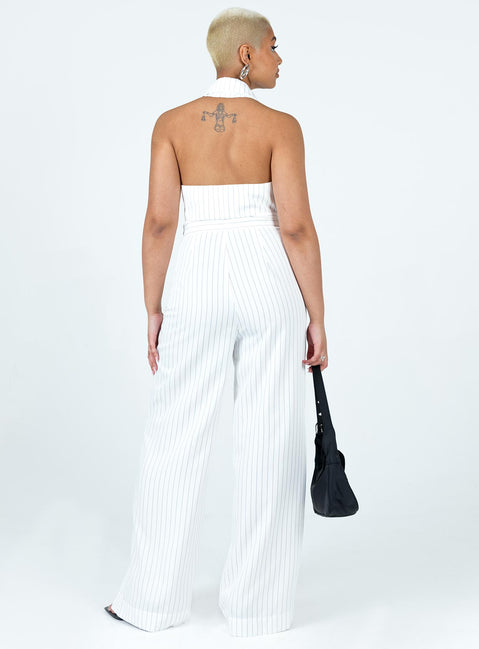 White matching set Pinstripe print Vest top Halter neck Hook & eye fastening at front Tailored pants Invisible zip fastening at side Wide leg