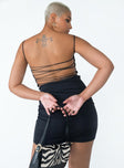 back view of model wearing Princess Polly Nica Eco Nylon Mini Dress Black Square Neck 